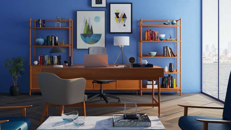 brown wooden desk with rolling chair and shelves near window.jpg